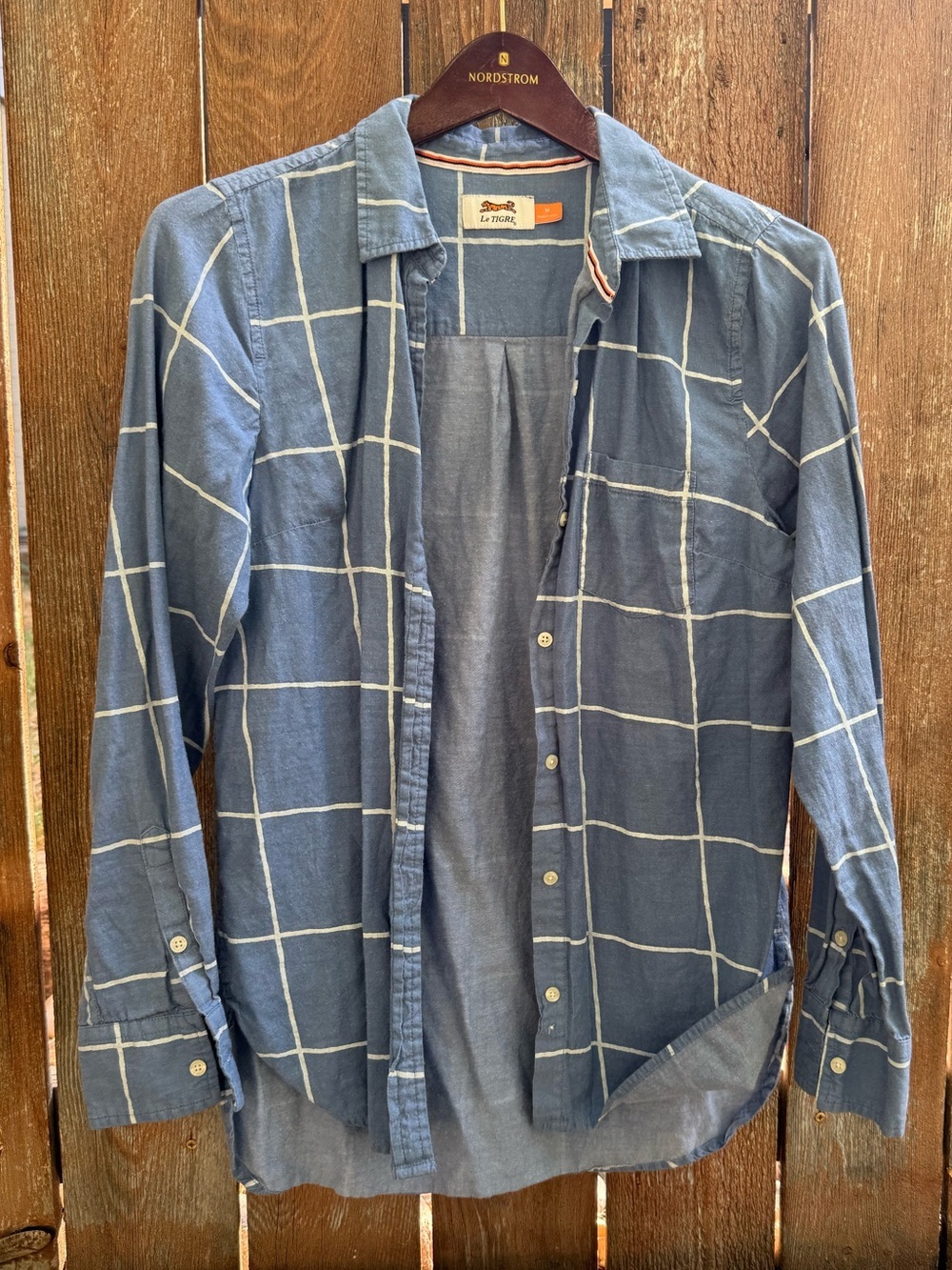 LE TIGRE Women’s Blue White Windowpane Cotton Button Down Shirt Size Medium